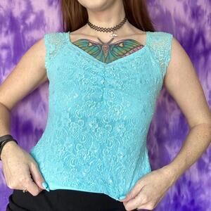 VTG 90s y2k baby blue lace top with ruched detail to the chest.
